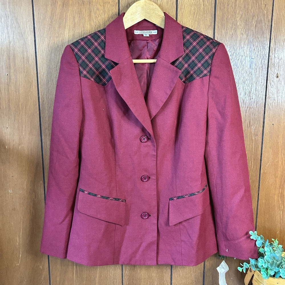 Vintage LORIANNA Petite Burgundy Plaid Western Style‎ Blazer Jacket Preppy